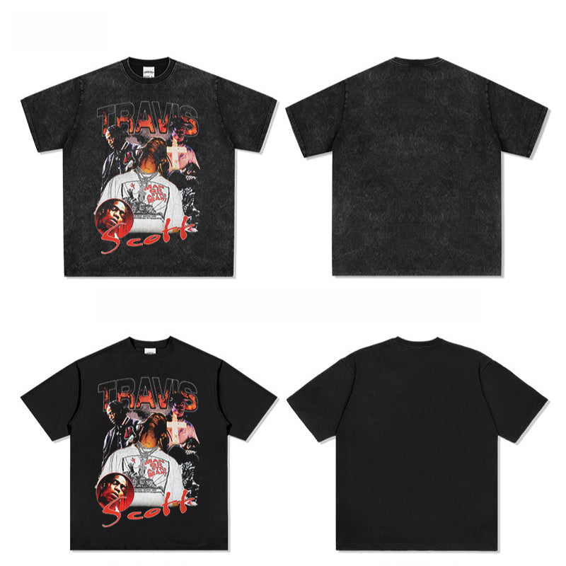 Streetwear masculino TRAVIS SCOTT character print short sleeve VINTAGE hip hop rap t-shirt