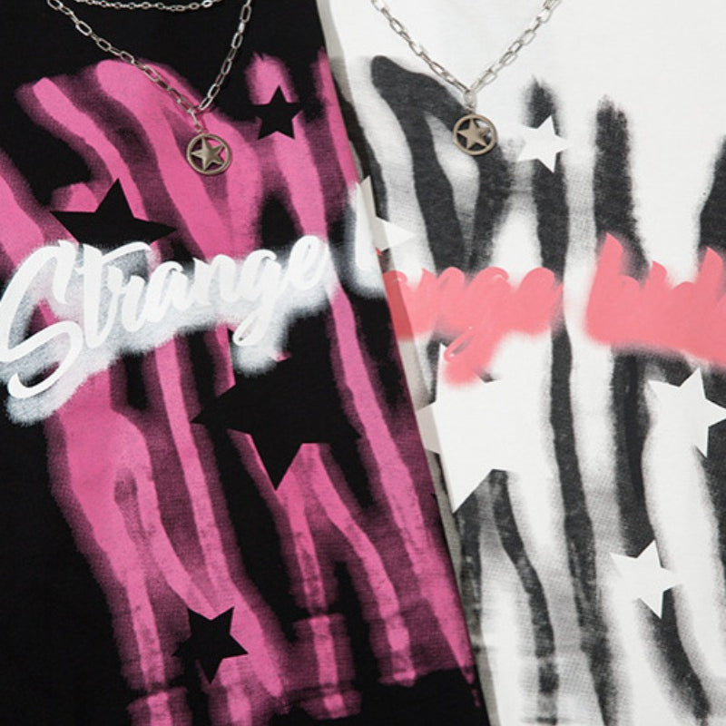 Vintage T Shirts Hip Hop Graffiti Letter Necklace Long Sleeve T-Shirt oversize