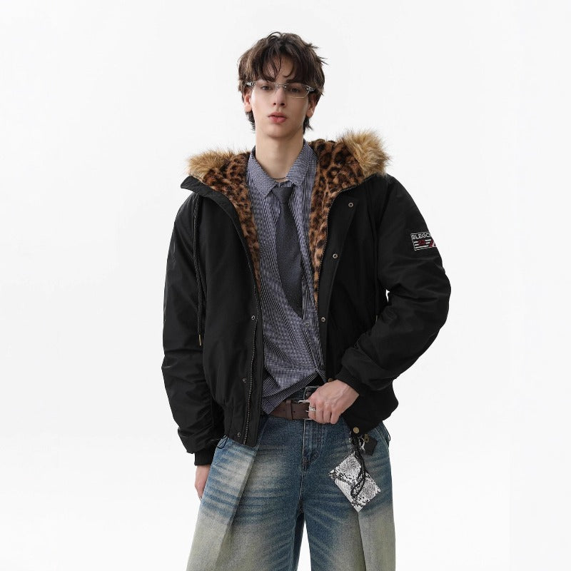 Unisex Down Jacket Men's Winter Fur Collar Leopard Print Fleece Padded Jacket