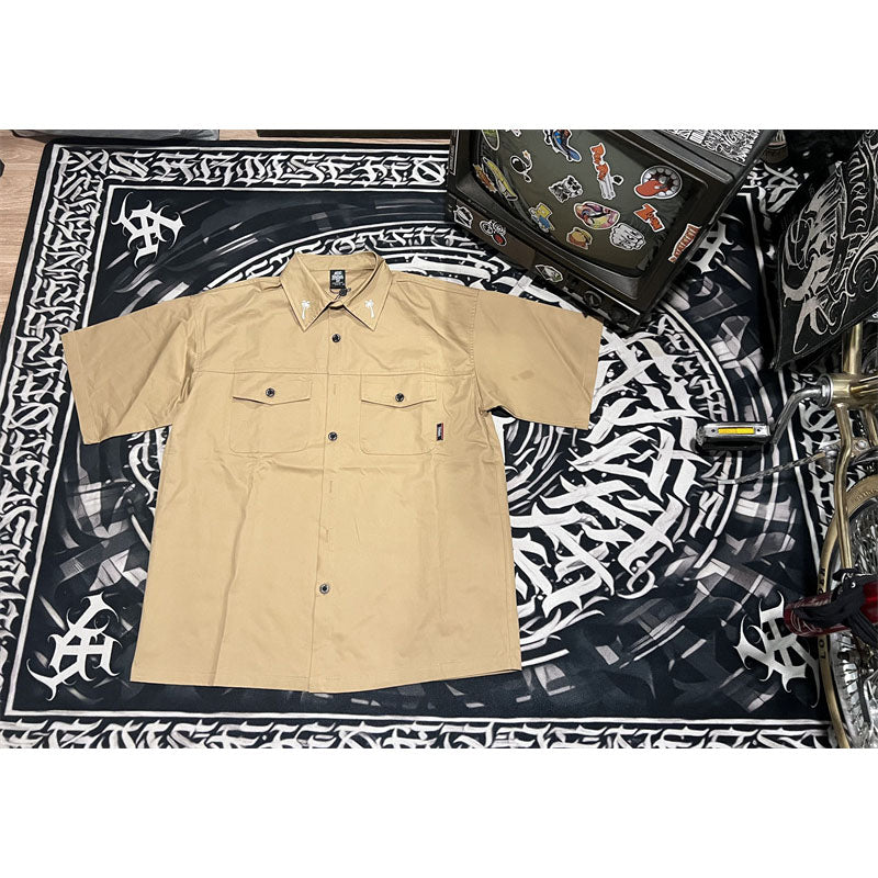 Stone Wash T shirt Clown Mask Embroidery Loose Tooling Shirt Short Sleeve