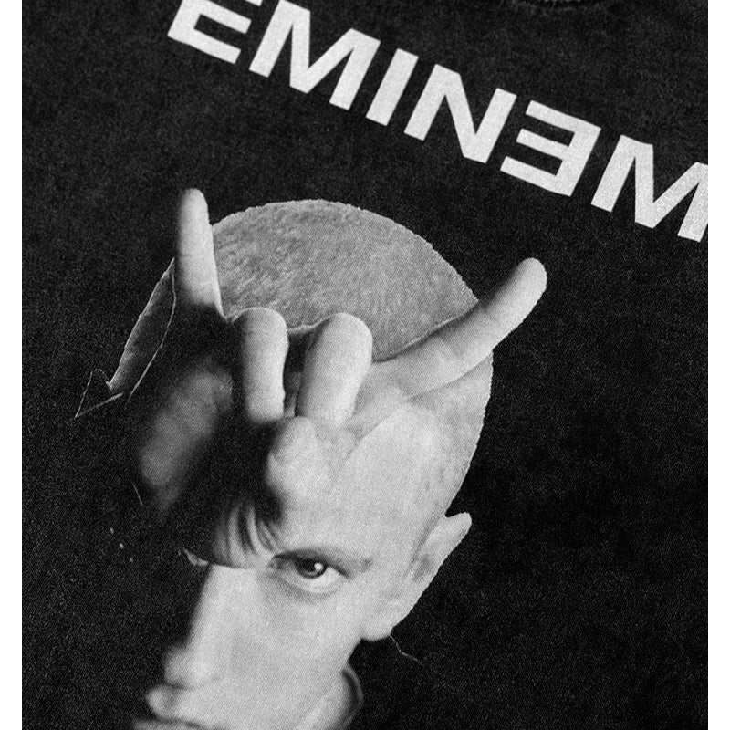 Streetwear masculino hip hop emperor Eminem vintage washed do old short sleeve t-shirt