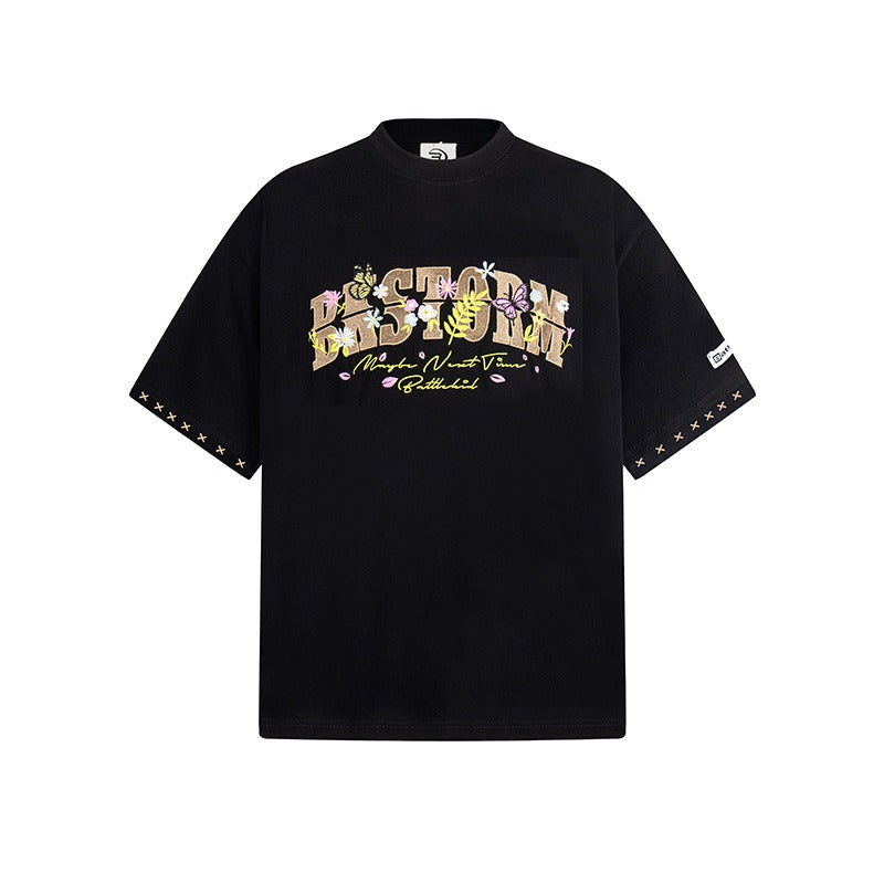 New York Hip Hop Style Vintage Butterfly Floral Alphabet Print Short Sleeve T-Shirt