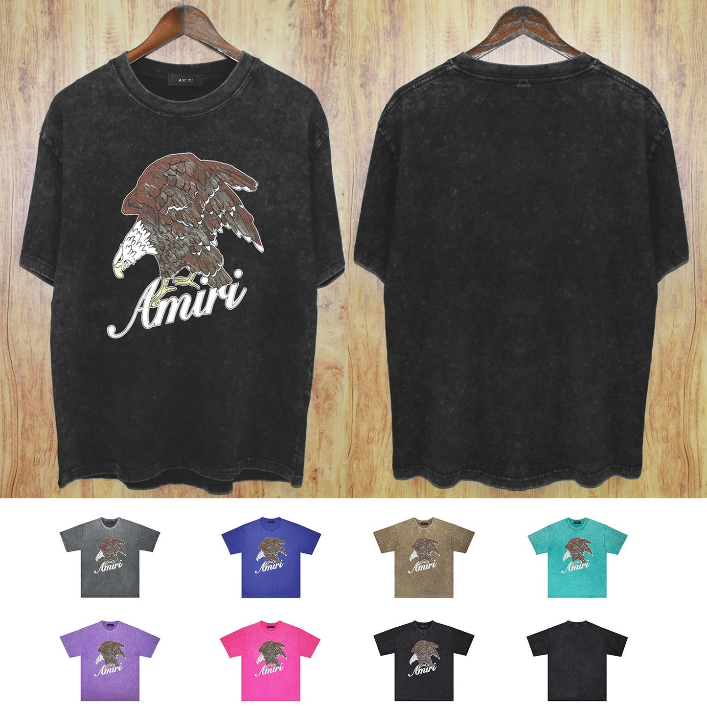 Amiri washed t-shirt brown flying eagle printing short sleeve