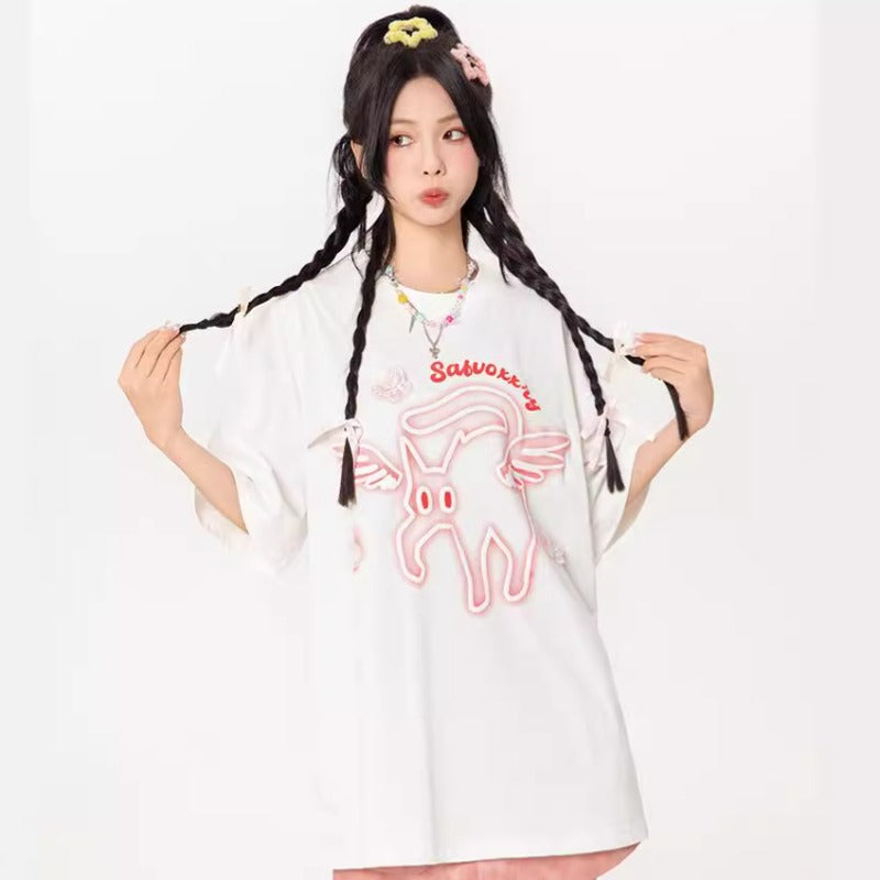 Vintage Tišö Rt Cat Butterfly Short Sleeve T-Shirt Summer Loose Top