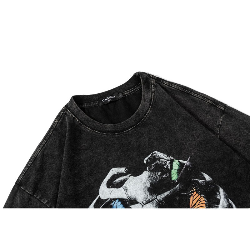 Hip Hop Clothing Summer Short Sleeve Hip Hop Wash T-Shirt Skull Skeleton Print