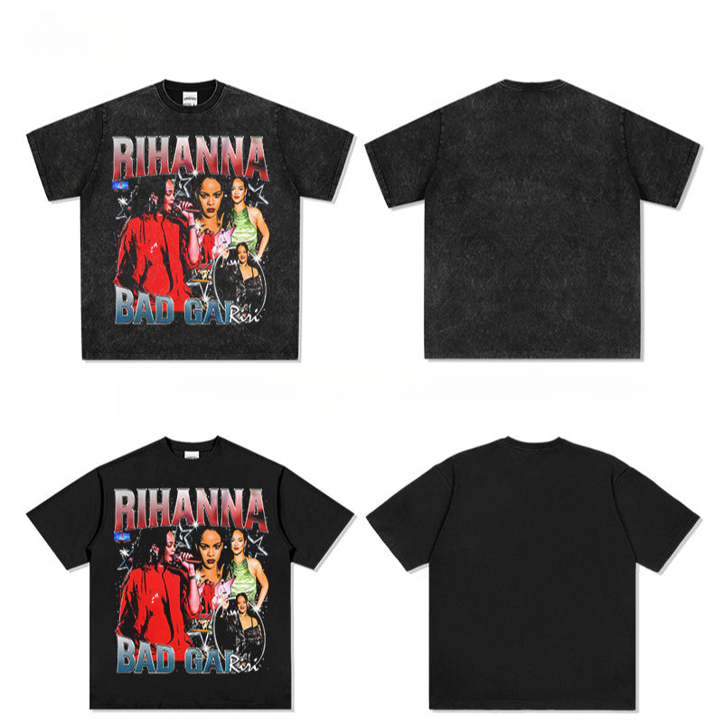 Outfit streetwear vintage Rihanna hip hop print short sleeve t-shirt