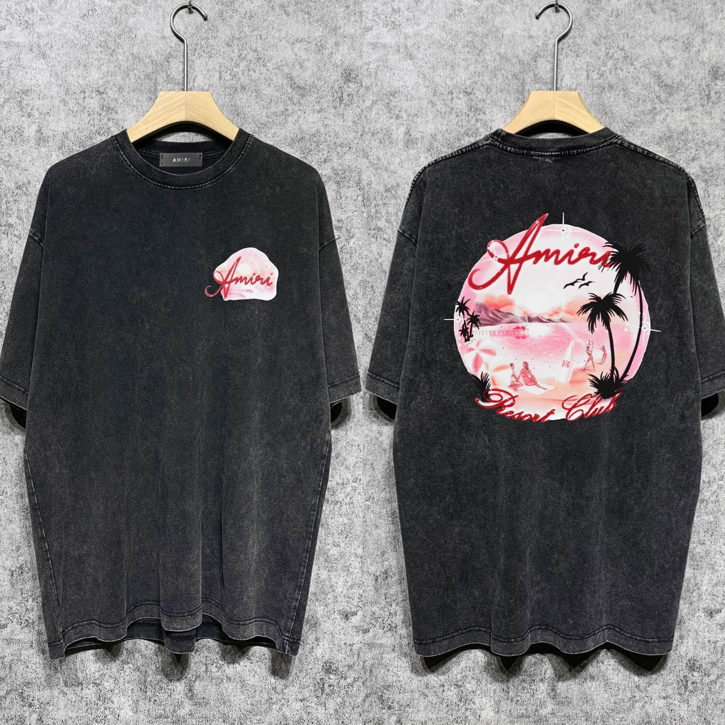 Amiri washed t-shirt pink beach printing short sleeve