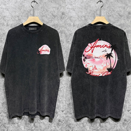Amiri washed t-shirt pink beach printing short sleeve