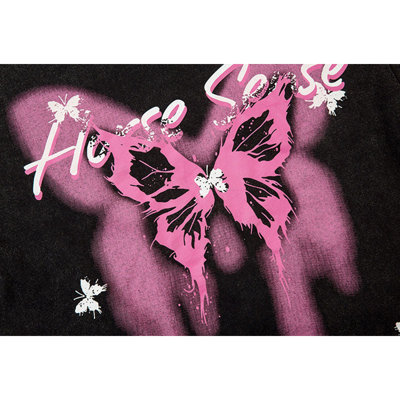 Vintage T Shirts Hip Hop Butterfly Print Washing Water Old Long Sleeve T-Shirt