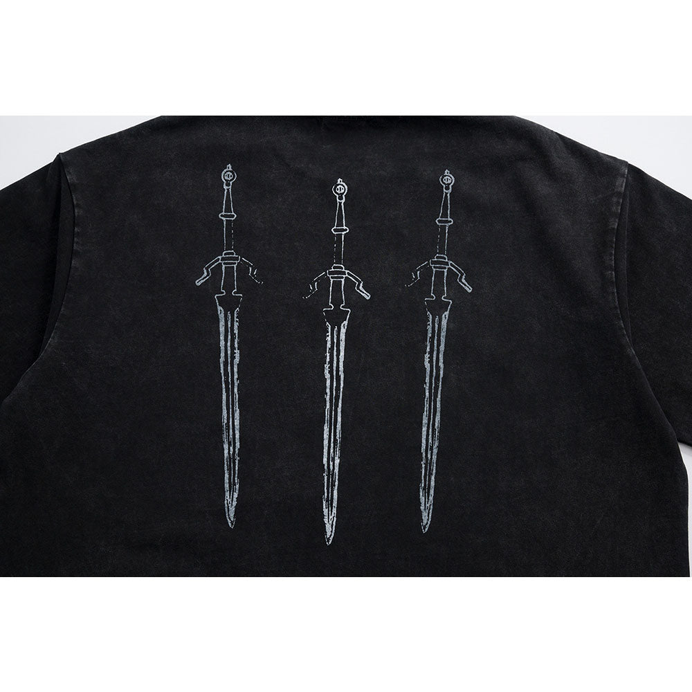 Nostalgia T Shirts Vintage Washed Short Sleeve T-Shirt Summer Sword Print Loose Casual