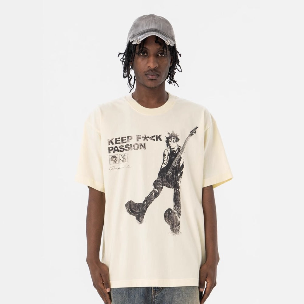 Vintage 90s Hip Hop Clothing Summer Hip Hop Guitarist Slogan Print Crew Neck Short Sleeve T-Shirt