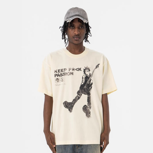 Vintage 90s Hip Hop Clothing Summer Hip Hop Guitarist Slogan Print Crew Neck Short Sleeve T-Shirt