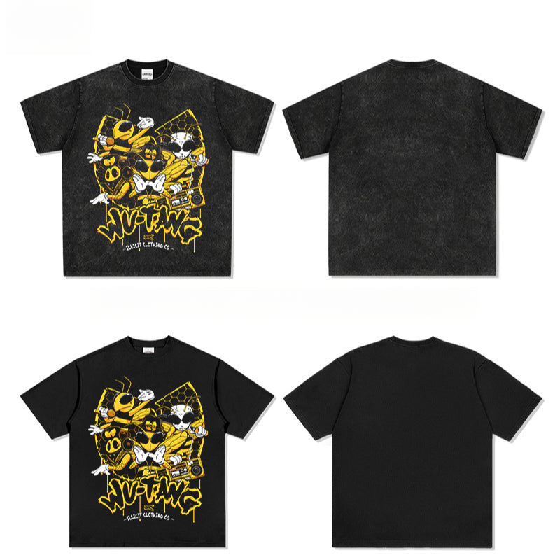 Streetwear masculino wu-tang print vintage short-sleeved t-shirt