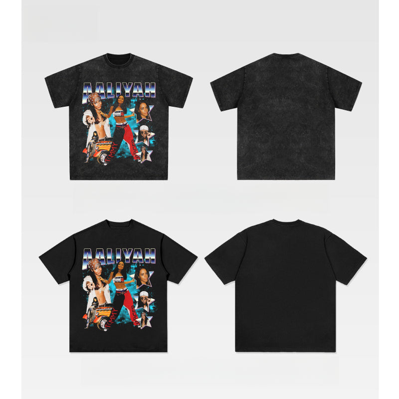 Streetwear masculino vintage hip hop rap Aaliyah print short sleeve t-shirt