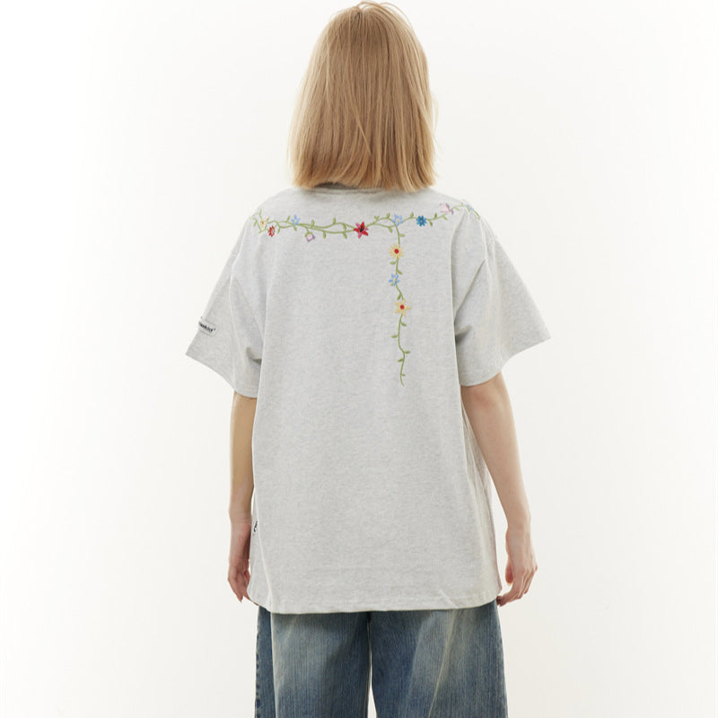 Casual Street Wear Embroidered Flower Necklace Crew Neck Short Sleeve Shirt