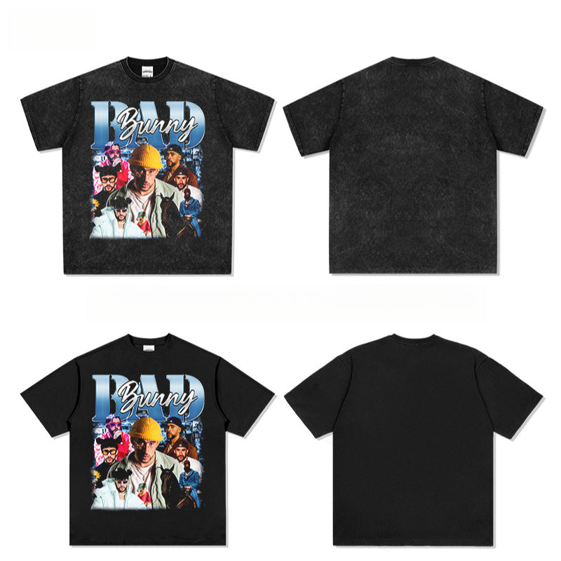 Streetwear masculino vintage hip hop Bad Bunny print short sleeve t-shirt