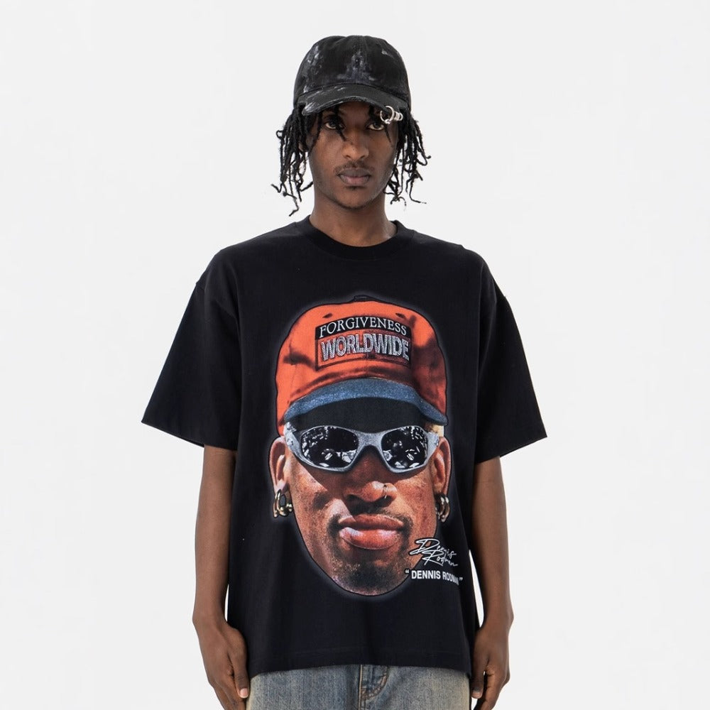 Vic Streetwear Summer Portrait Print Crew Neck Short Sleeve T-Shirt