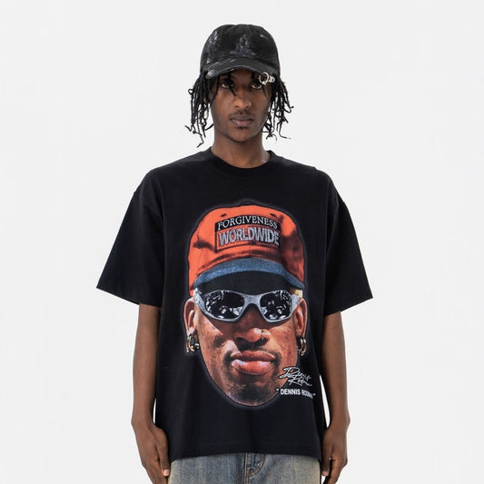 Vic Streetwear Summer Portrait Print Crew Neck Short Sleeve T-Shirt