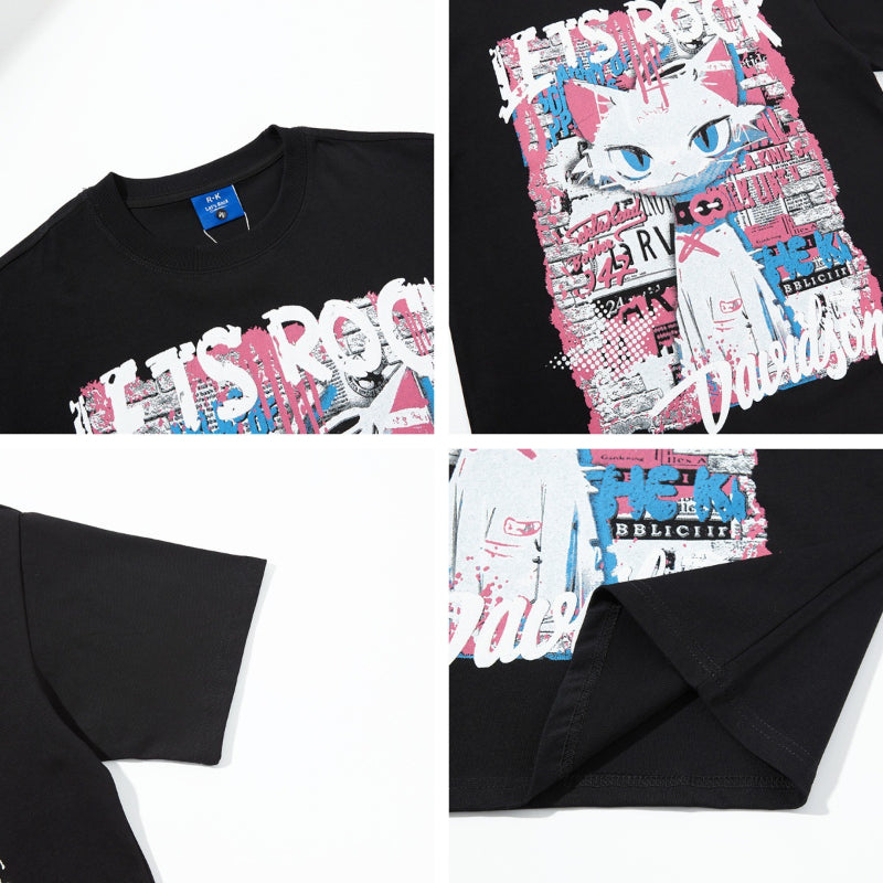 Nyc T Shirt Retro Cat Printed Short Sleeve T-Shirt Summer Loose Casual Top