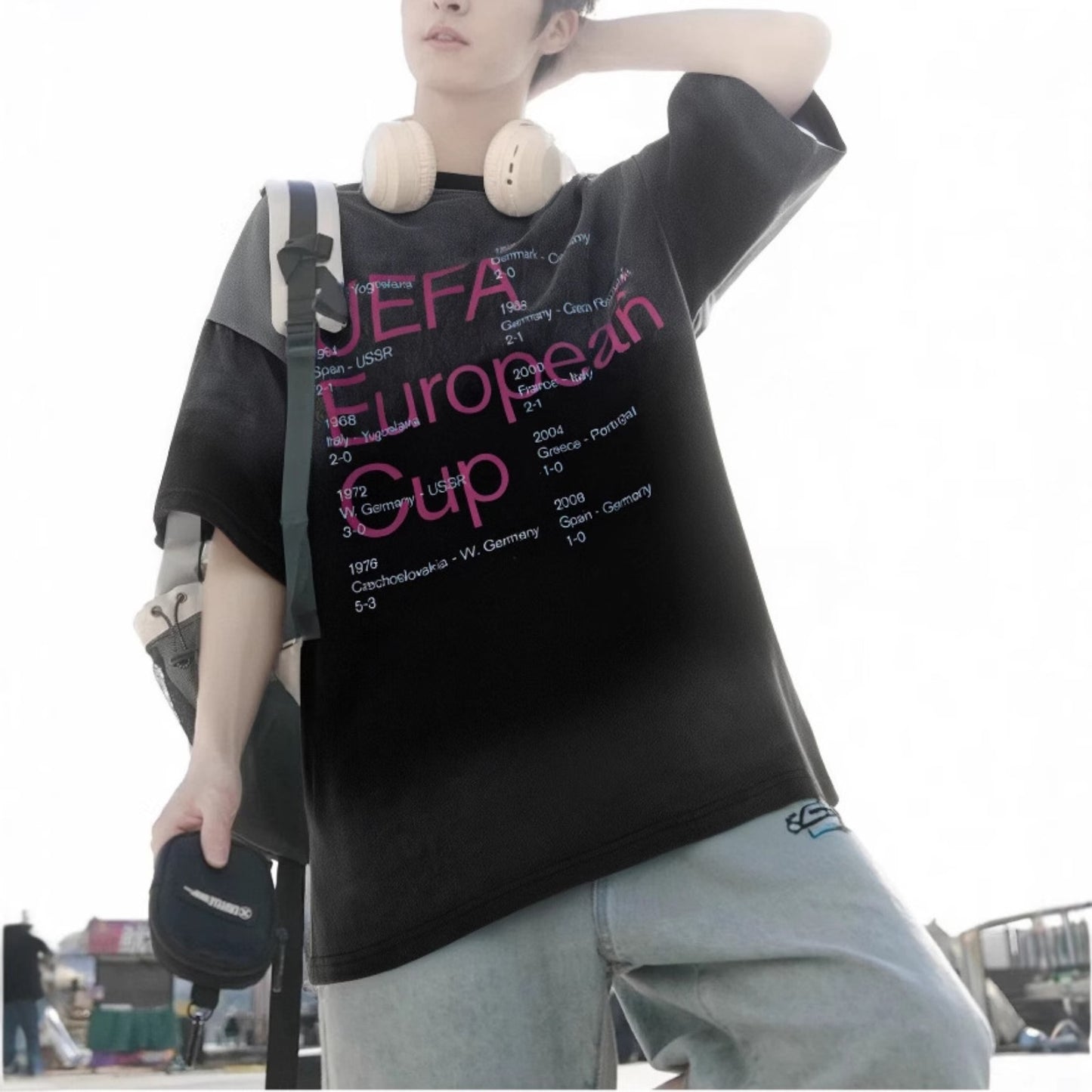 Distorted vintage vintage letter print short sleeve summer gradual change loose casual t-shirt
