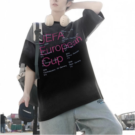 Distorted vintage vintage letter print short sleeve summer gradual change loose casual t-shirt