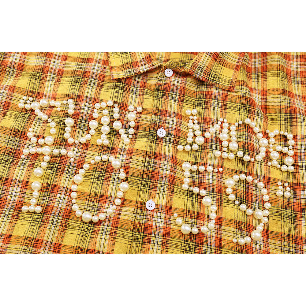 Nostalgia T Shirts Dopamine Yellow Checked Shirt Short Sleeve Summer Loose Polo Lapel Top