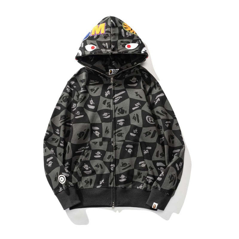 Ape Hoodie Autumn and Winter Ape Shaped Checkered Shark Cardigan Zipper Sweater Jacket