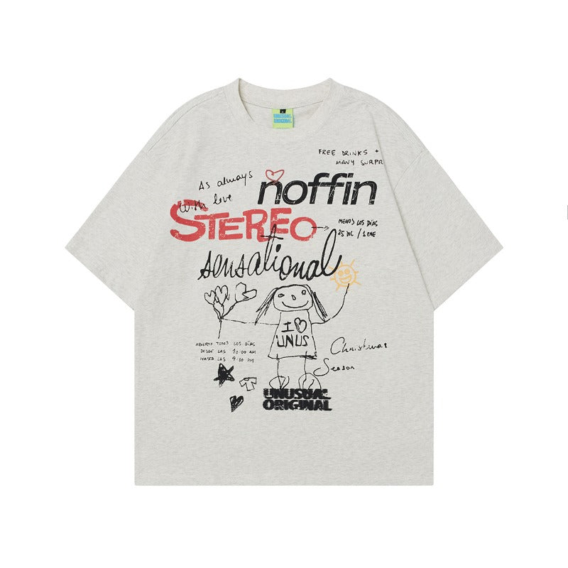 90s West Coast Hip Hop Fashion T Shirts Summer Couple Shoulder Loose Short Sleeve T-Shirt