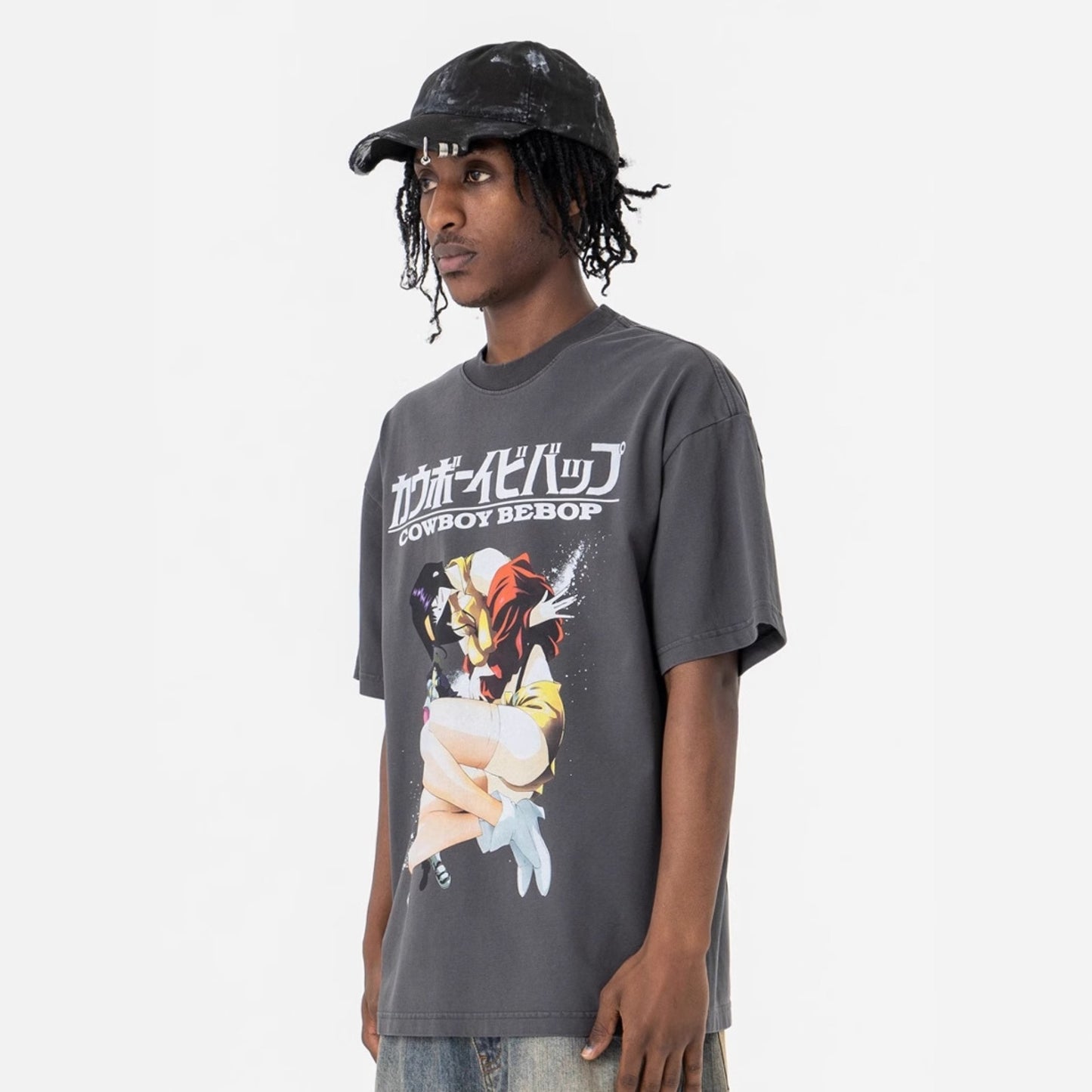 Vintage College Shirts Anime Girl Print Summer Wash Short Sleeve T-Shirt