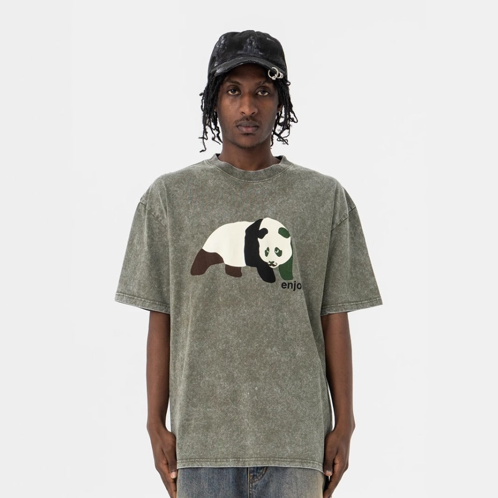 Vic Streetwear Summer Panda Print Washing Water Retro Short Sleeve T-Shirt