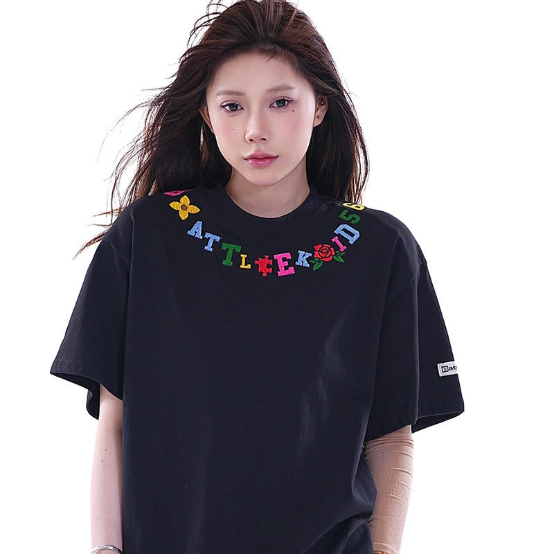 Hip Hop Clothes New York Necklace Embroidered Short Sleeve T-Shirt Summer Loose Top