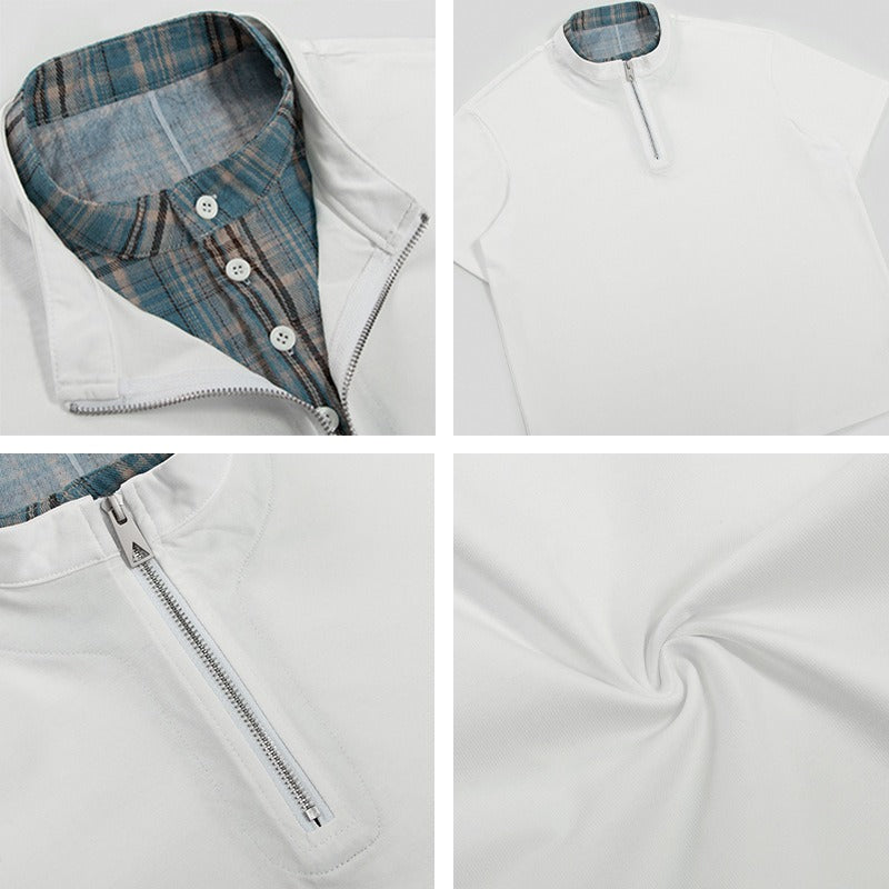80s And 90s Vintage T Shirts Vintage Fake Two and a Half Zipper Cool Solona Stand-Up Collar Short Sleeve T-Shirt