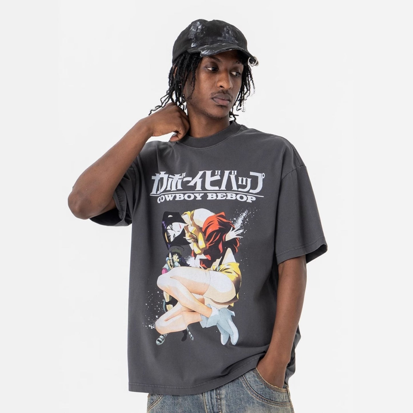 Vintage College Shirts Anime Girl Print Summer Wash Short Sleeve T-Shirt
