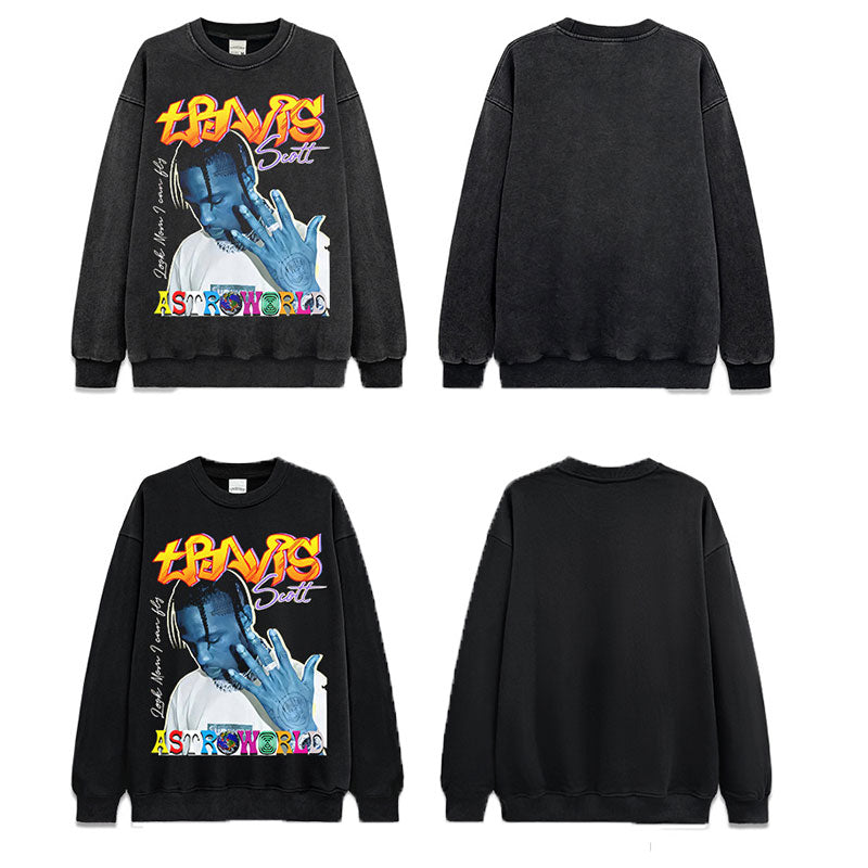 Marcas streetwear usa TravisScott vintage print wash crew neck sweater