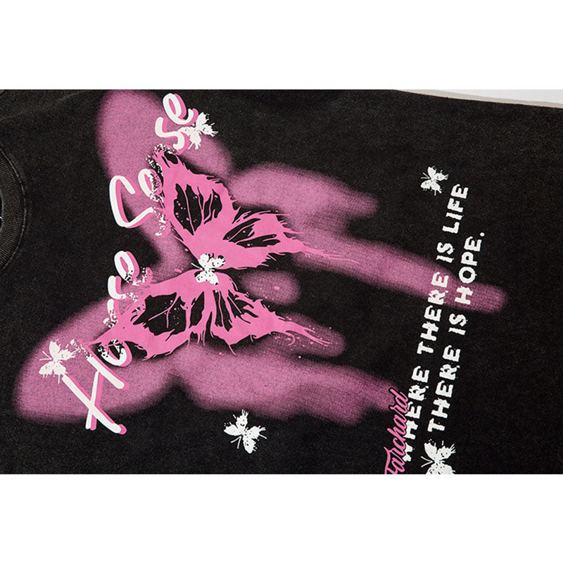 Vintage T Shirts Hip Hop Butterfly Print Washing Water Old Long Sleeve T-Shirt