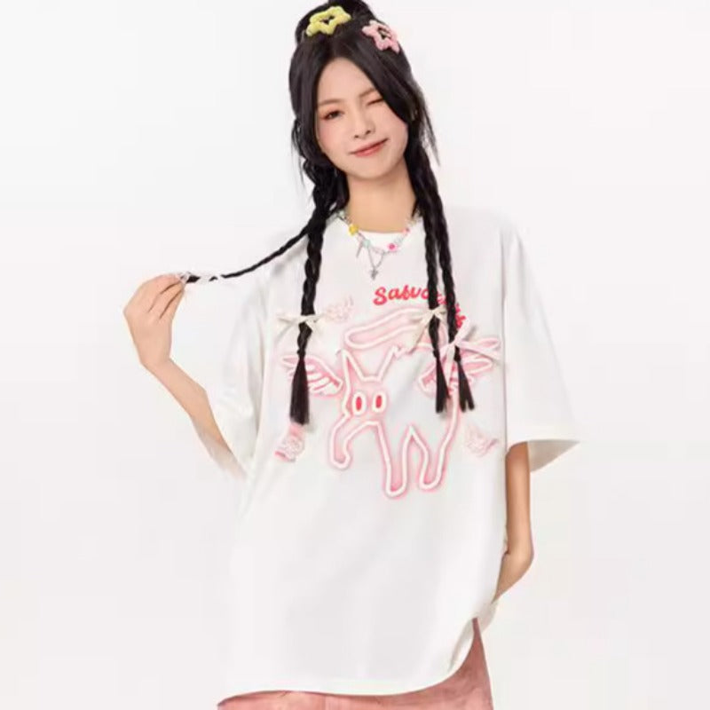 Vintage Tišö Rt Cat Butterfly Short Sleeve T-Shirt Summer Loose Top