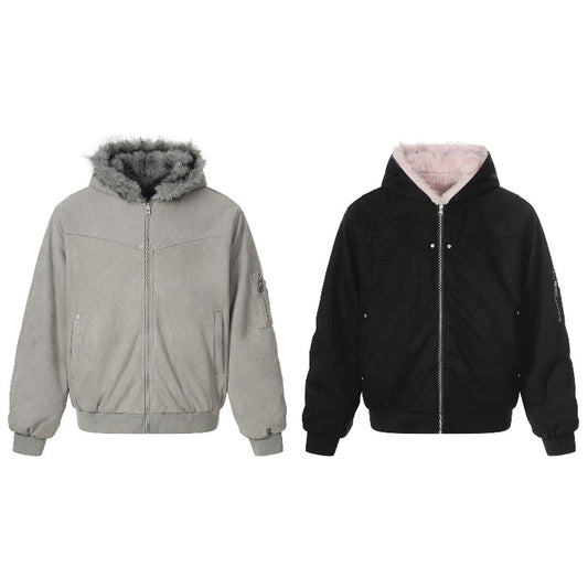 Unisex Down Jacket Winter Fleece Collar Double Sided Hooded Jacket