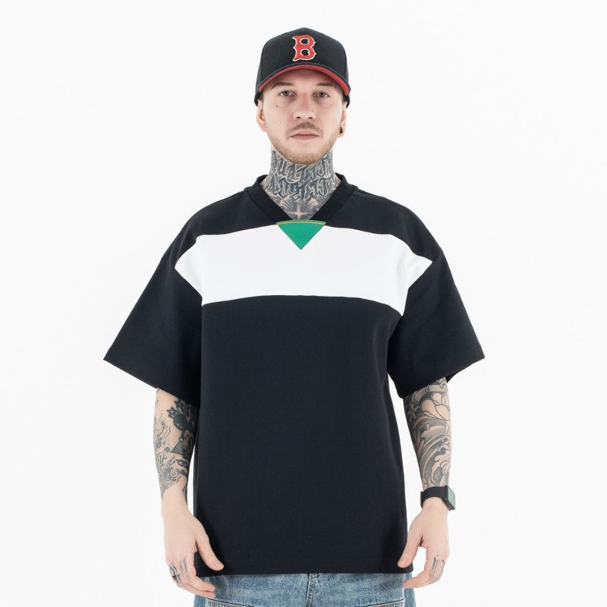 Vintage College Shirts Summer Embroidery Short Sleeve T-Shirt V-Neck