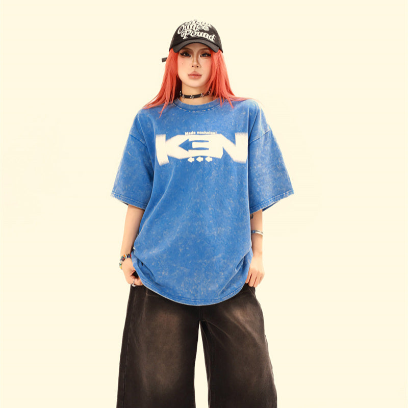 Stone Wash T shirt Retro washed tie-dye washed old printed T-shirt