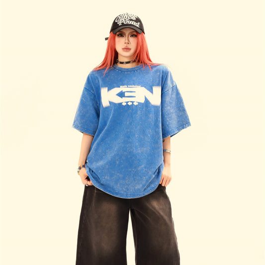 Stone Wash T shirt Retro washed tie-dye washed old printed T-shirt