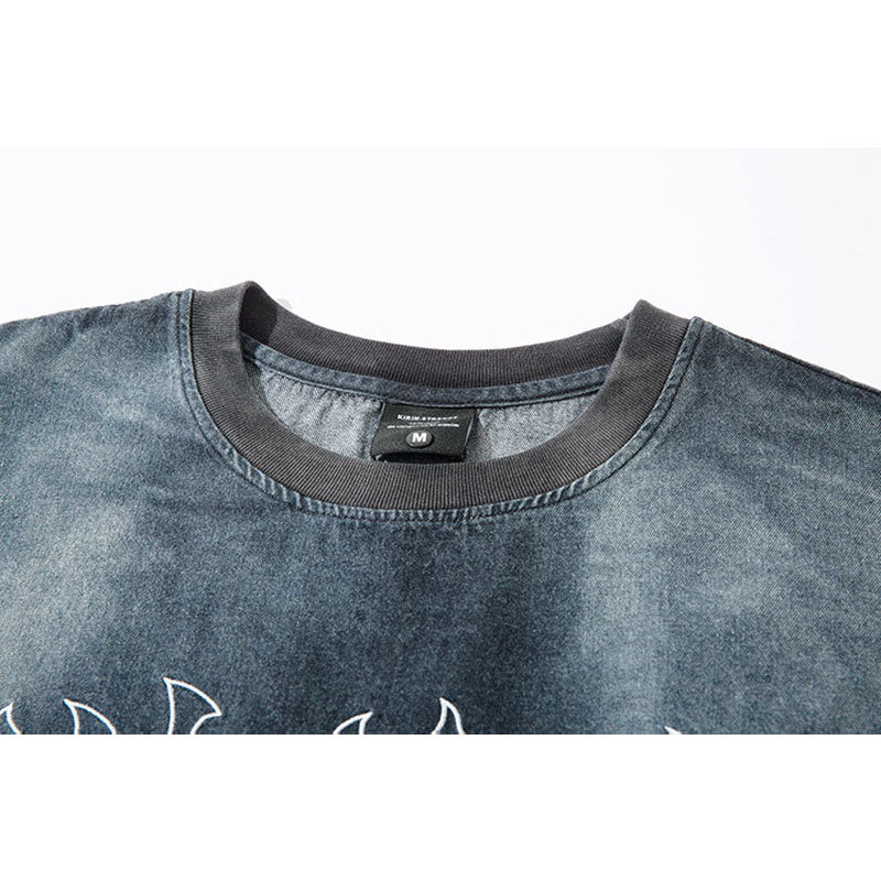 Marcas De Streetwear Vintage Old Alphabet Patch Embroidered Denim Long Sleeve T-Shirt