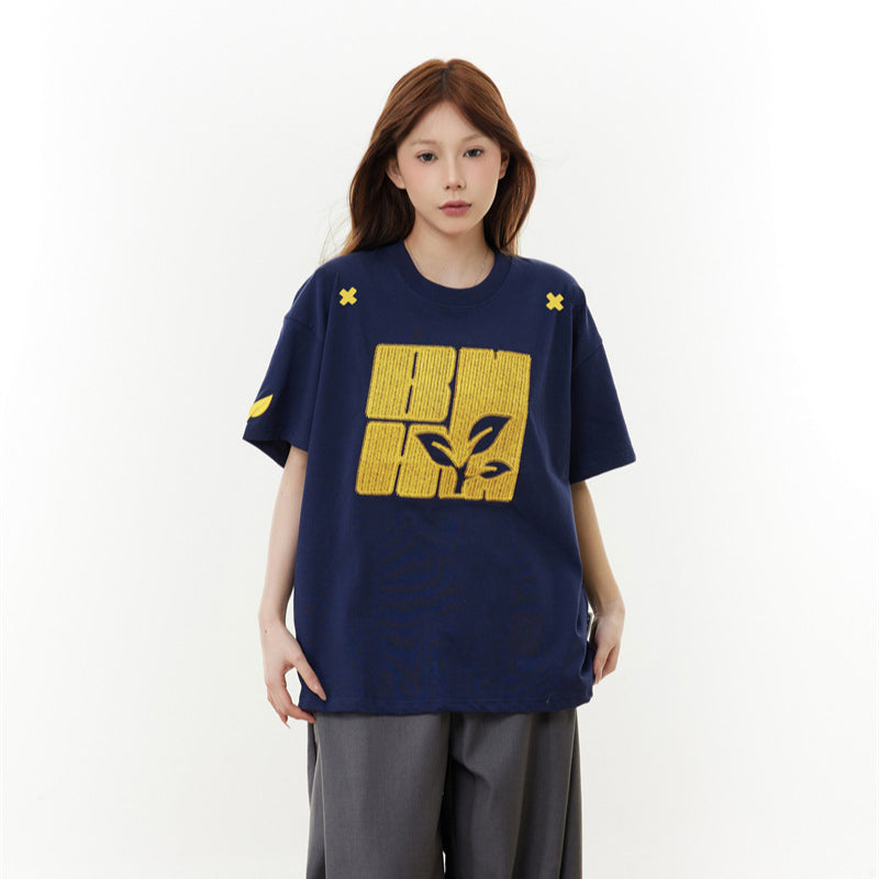 Camisas Retros Vintage Embroidery Letter Short Sleeve T