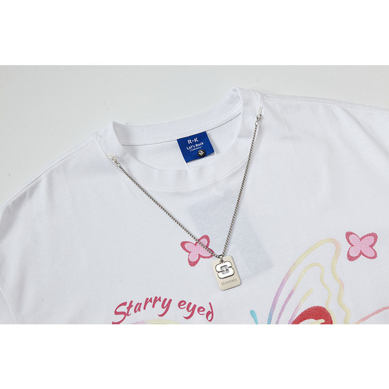 Casual Street Wear Summer Short Sleeve T-Shirt Butterfly Pendant Necklace Loose
