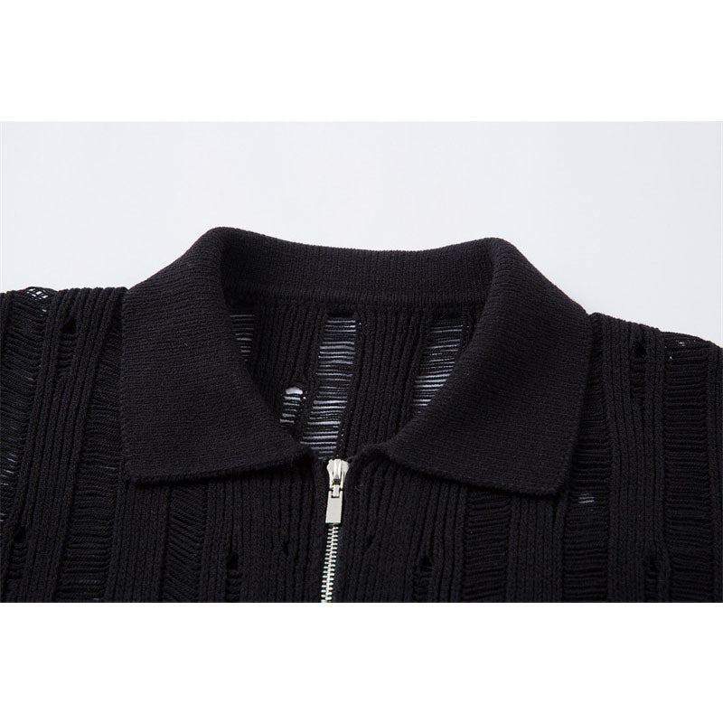 Casual Street Wear Vintage Hollow Knitted Short Sleeve Shirt Summer Casual Lapel Loose