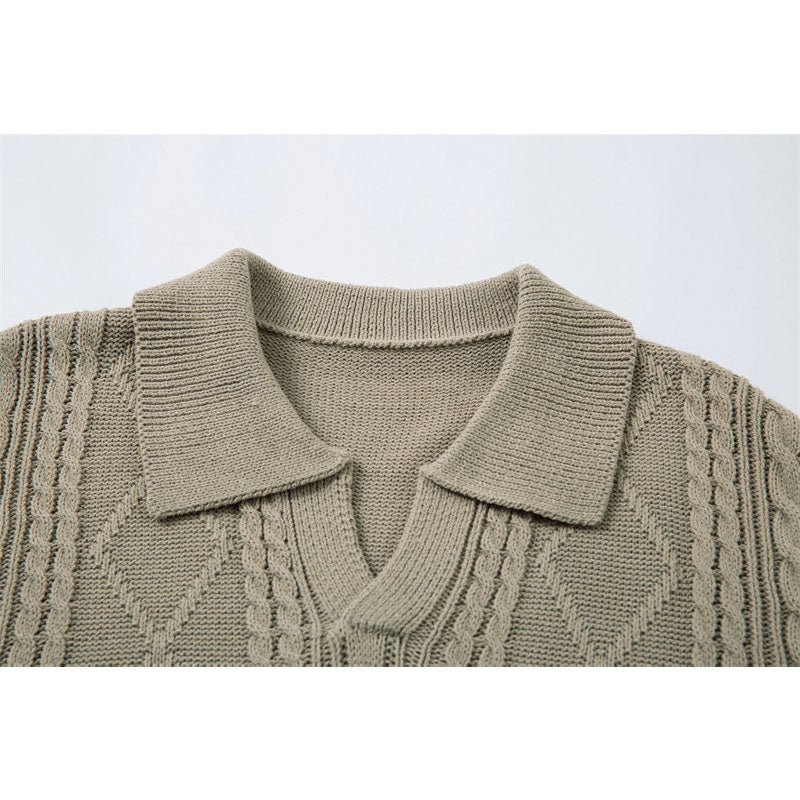Casual Street Wear Vintage V-Neck Knitted Polo Shirt Short Lapel T-Shirt