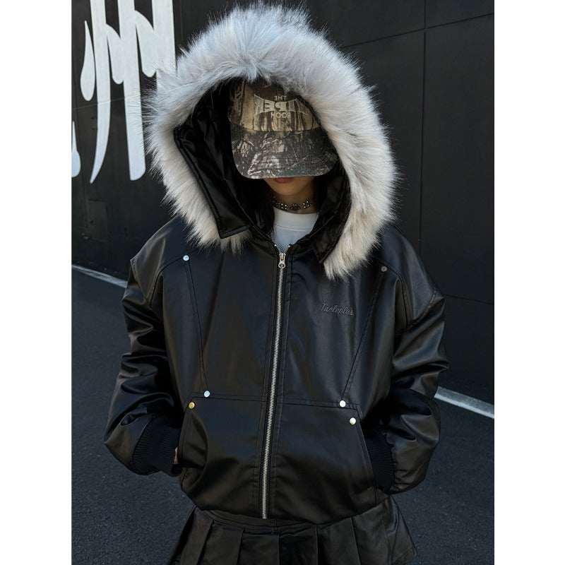 Unisex Down Jacket Vintage Leather Padded Fur Collar Jacket