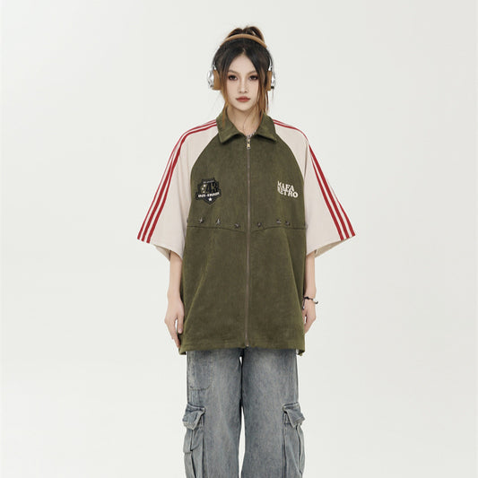 US drip outfits summer vintage zip lapel embroidery casual loose short sleeve T-Shirts