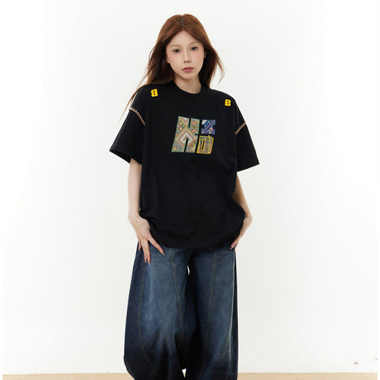 Camisas Retros Vintage Patch Embroidered Short Sleeve T-Shirt Oversize Top