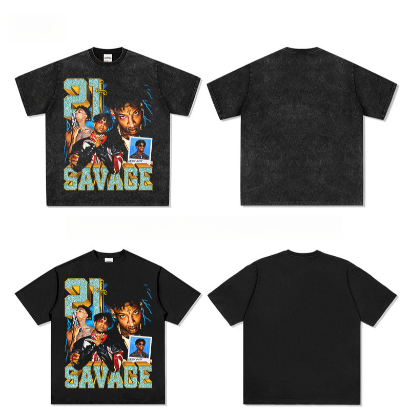 Streetwear masculino hip hop 21 savage print vintage hiphop short sleeve t-shirt