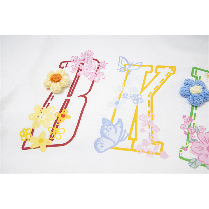 Casual Street Wear Vintage Flower Butterfly Summer Short Sleeve T-Shirt